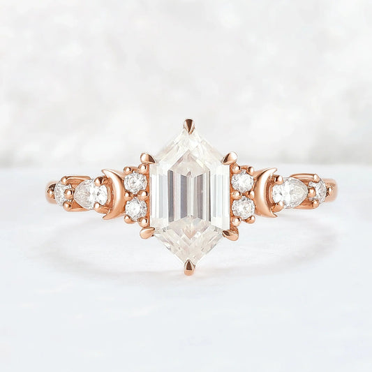 Cluster Hexagon Cut Moissanite Moon Gemstone Ring