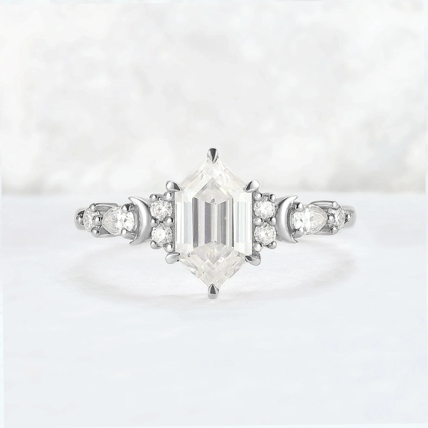 Cluster Hexagon Cut Moissanite Moon Gemstone Ring