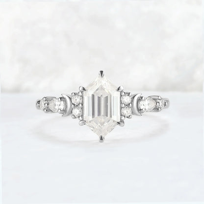 Cluster Hexagon Cut Moissanite Moon Gemstone Ring