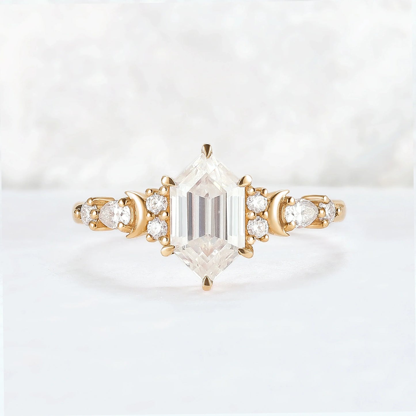 Cluster Hexagon Cut Moissanite Moon Gemstone Ring