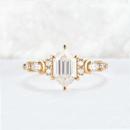 Cluster Hexagon Cut Moissanite Moon Gemstone Ring