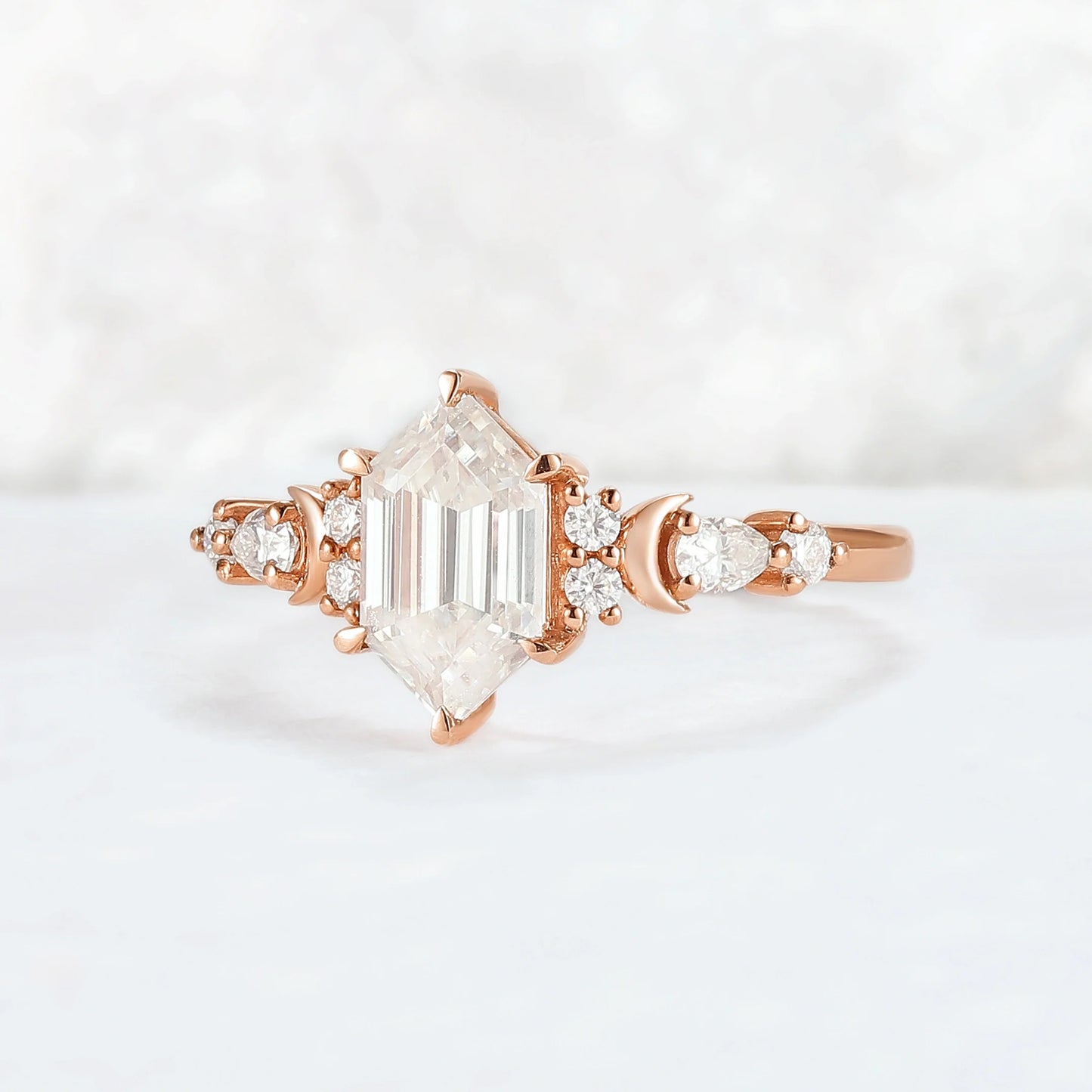 Cluster Hexagon Cut Moissanite Moon Gemstone Ring