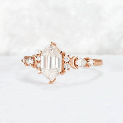 Cluster Hexagon Cut Moissanite Moon Gemstone Ring