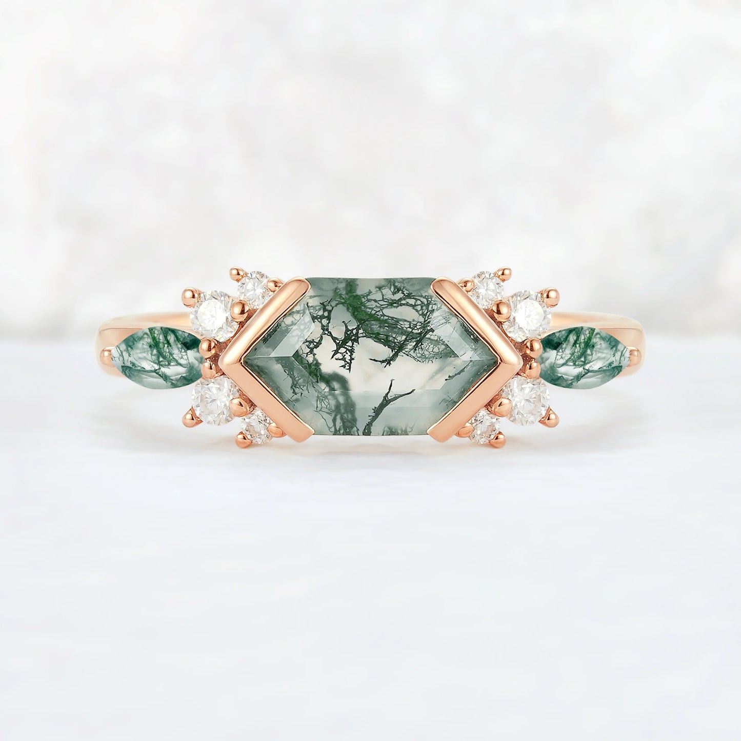 Cluster Hexagon Cut Moss Agate Bezel 14K Gold  Gemstone Ring