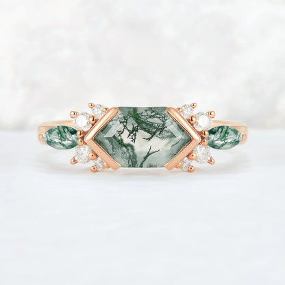 Cluster Hexagon Cut Moss Agate Bezel 14K Gold  Gemstone Ring