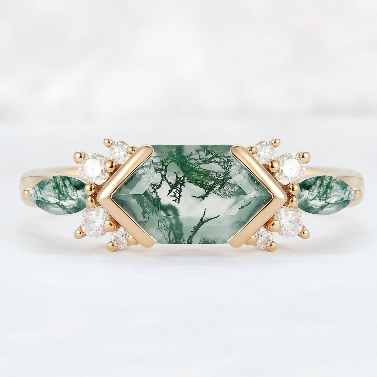 Cluster Hexagon Cut Moss Agate Bezel 14K Gold  Gemstone Ring