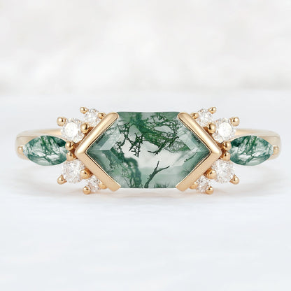 Cluster Hexagon Cut Moss Agate Bezel 14K Gold  Gemstone Ring