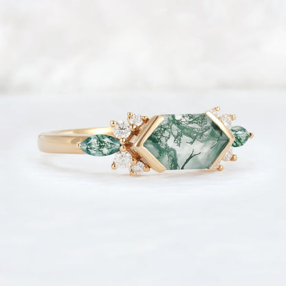 Cluster Hexagon Cut Moss Agate Bezel 14K Gold  Gemstone Ring
