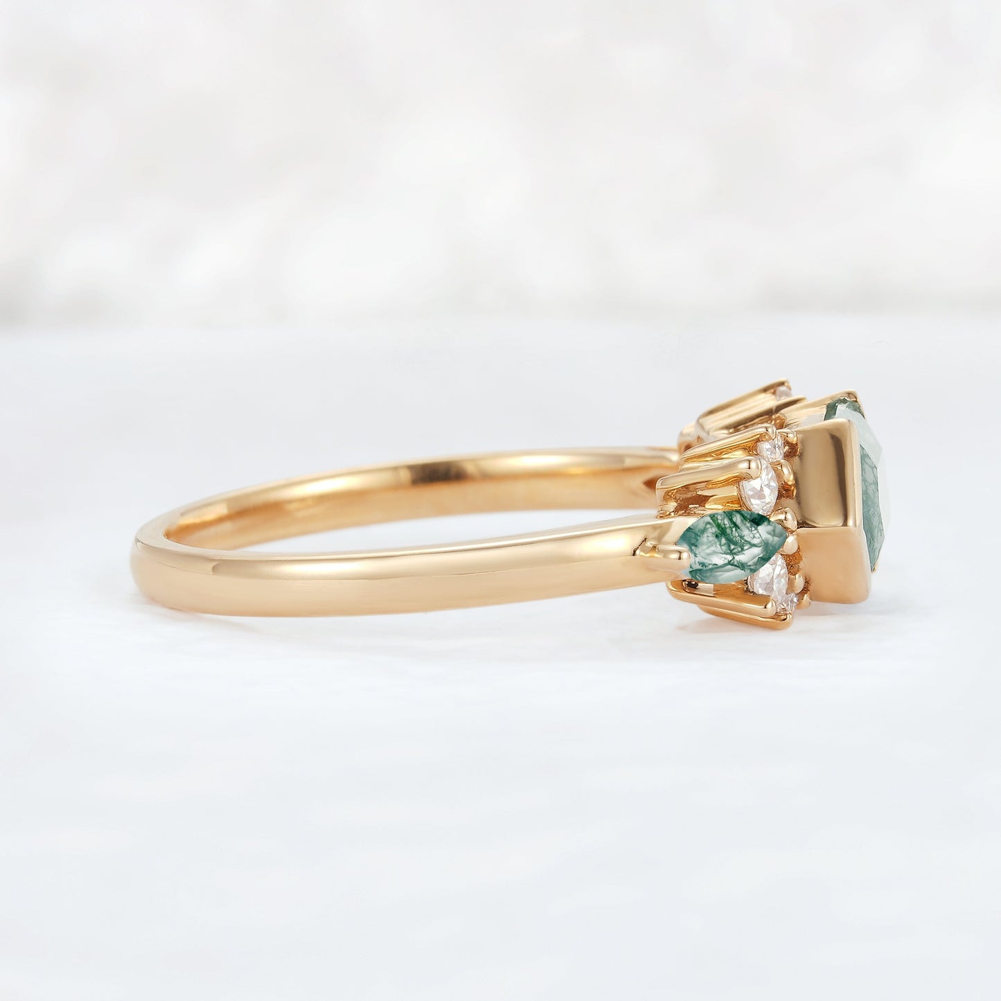 Cluster Hexagon Cut Moss Agate Bezel 14K Gold  Gemstone Ring