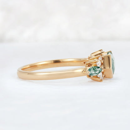 Cluster Hexagon Cut Moss Agate Bezel 14K Gold  Gemstone Ring