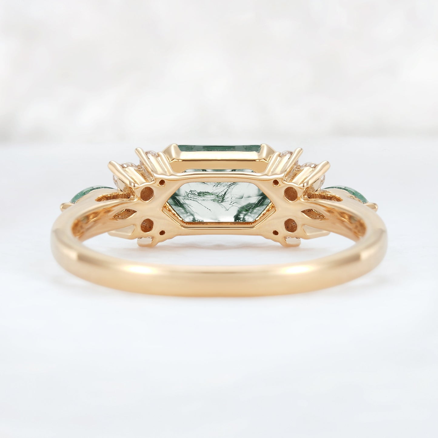 Cluster Hexagon Cut Moss Agate Bezel 14K Gold  Gemstone Ring