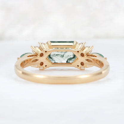 Cluster Hexagon Cut Moss Agate Bezel 14K Gold  Gemstone Ring
