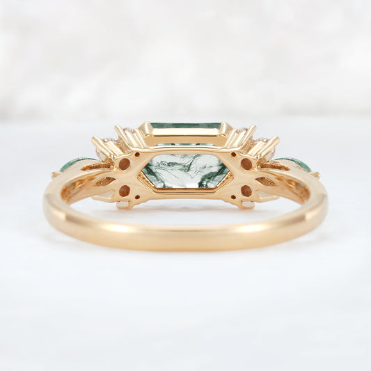 Cluster Hexagon Cut Moss Agate Bezel 14K Gold  Gemstone Ring