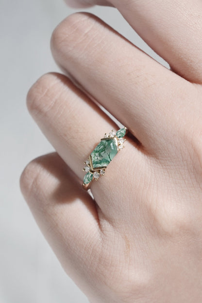 Cluster Hexagon Cut Moss Agate Bezel 14K Gold  Gemstone Ring