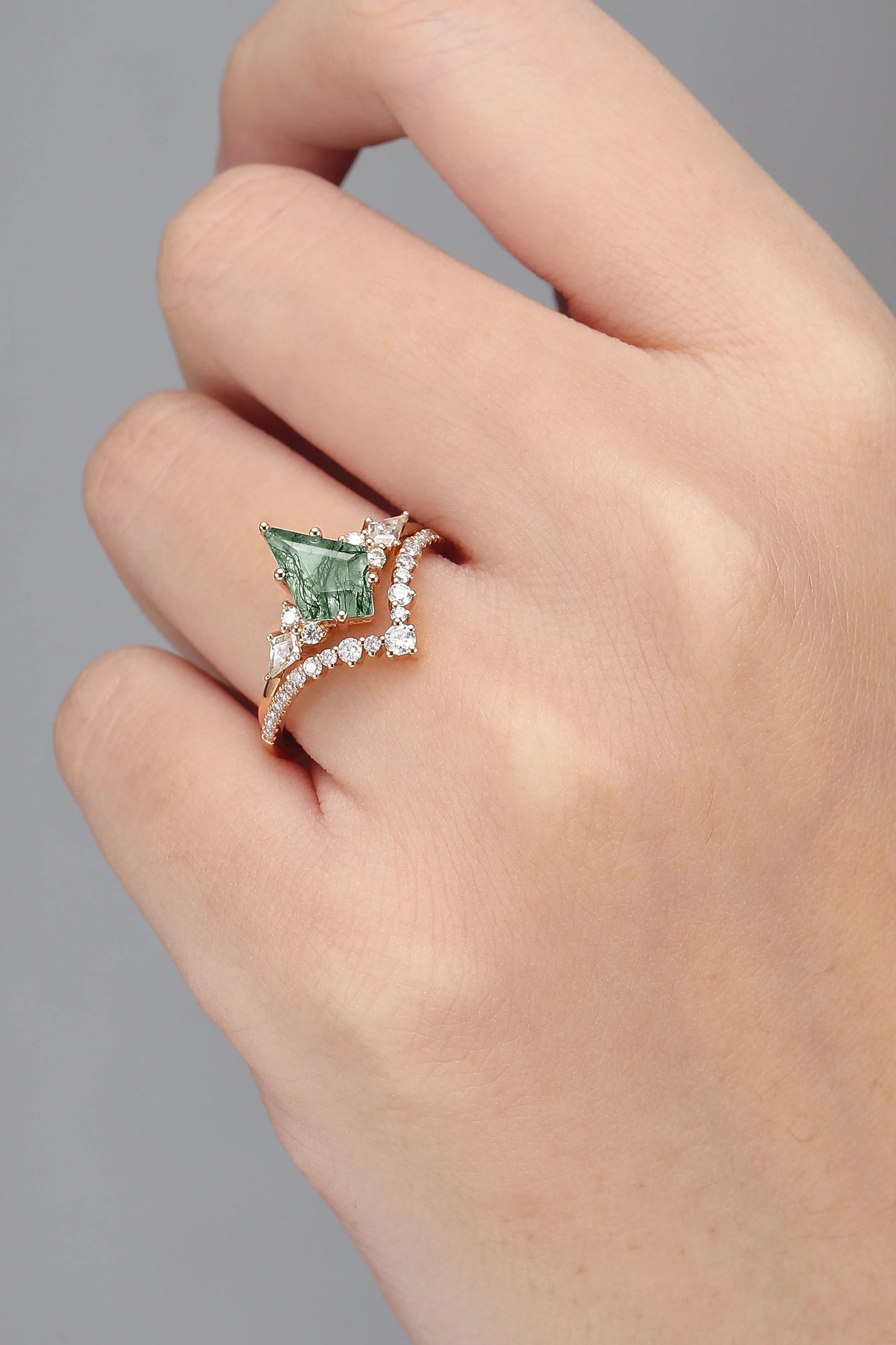 Cluster Kite Cut Moss Agate Egagement Ring Set 2pcs