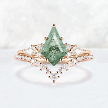 Cluster Kite Cut Moss Agate Egagement Ring Set 2pcs