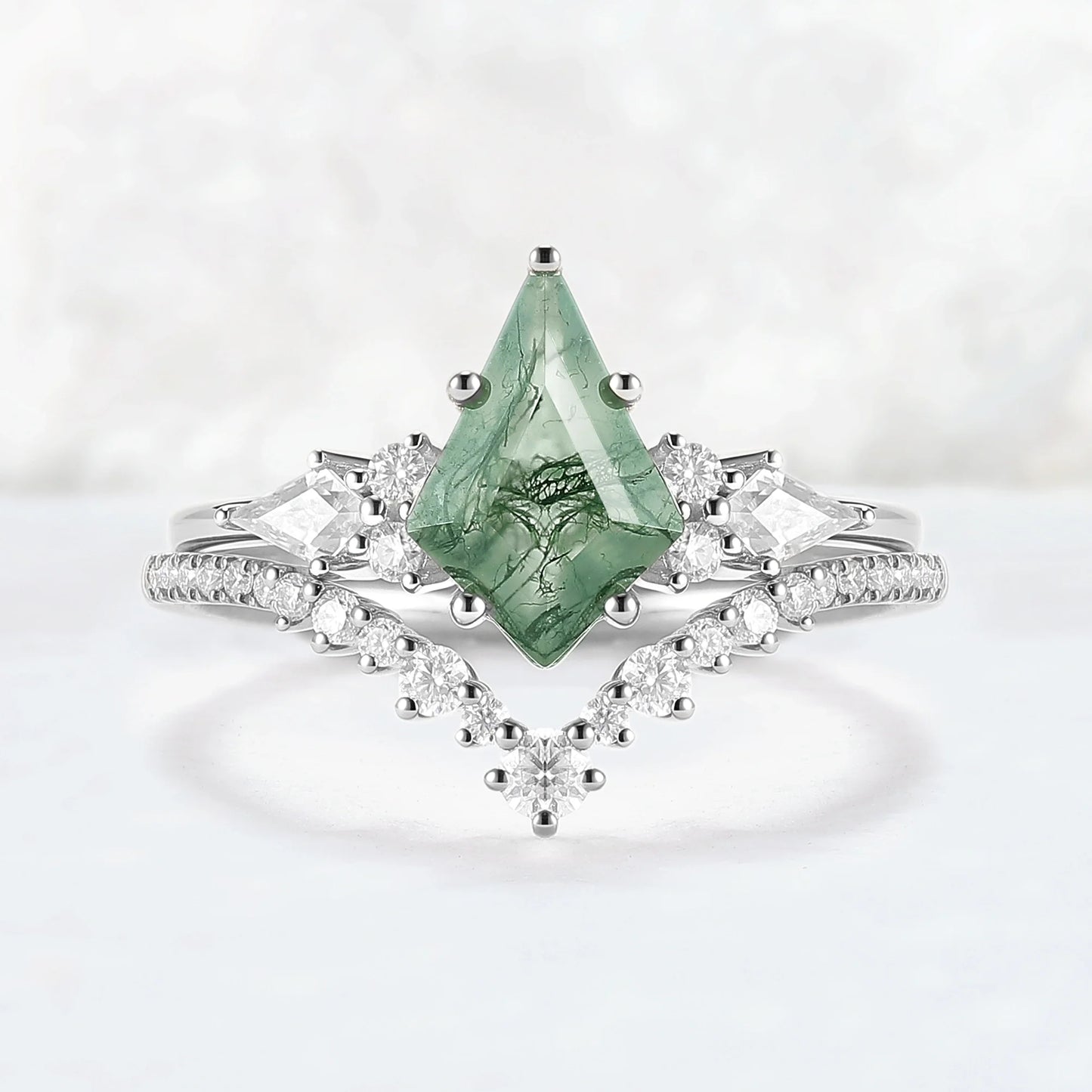 Cluster Kite Cut Moss Agate Egagement Ring Set 2pcs
