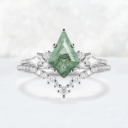 Cluster Kite Cut Moss Agate Egagement Ring Set 2pcs