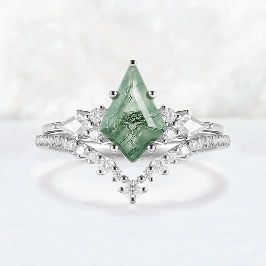 Cluster Kite Cut Moss Agate Egagement Ring Set 2pcs