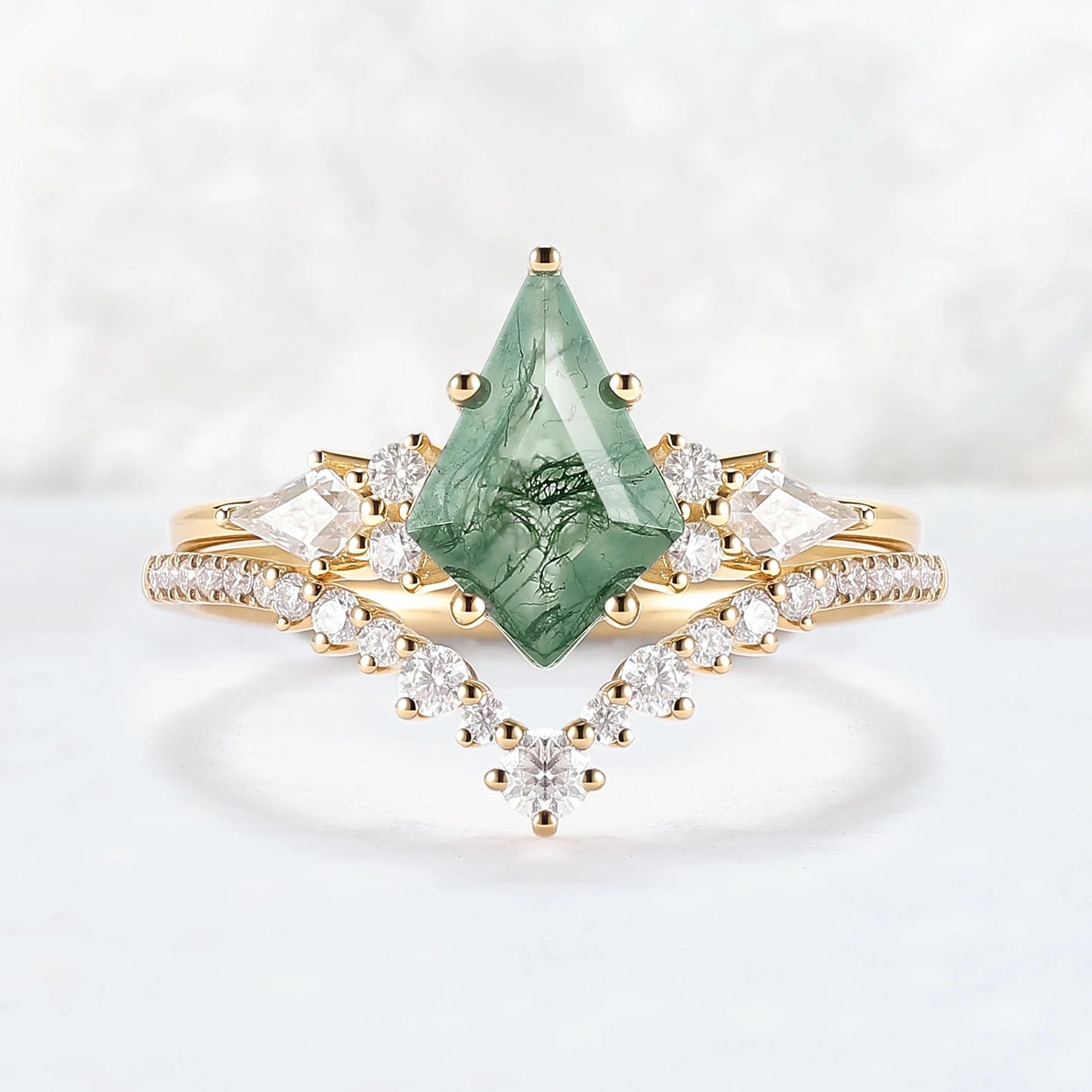 Cluster Kite Cut Moss Agate Egagement Ring Set 2pcs