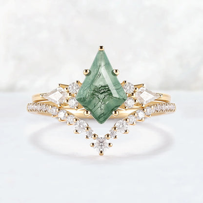 Cluster Kite Cut Moss Agate Egagement Ring Set 2pcs