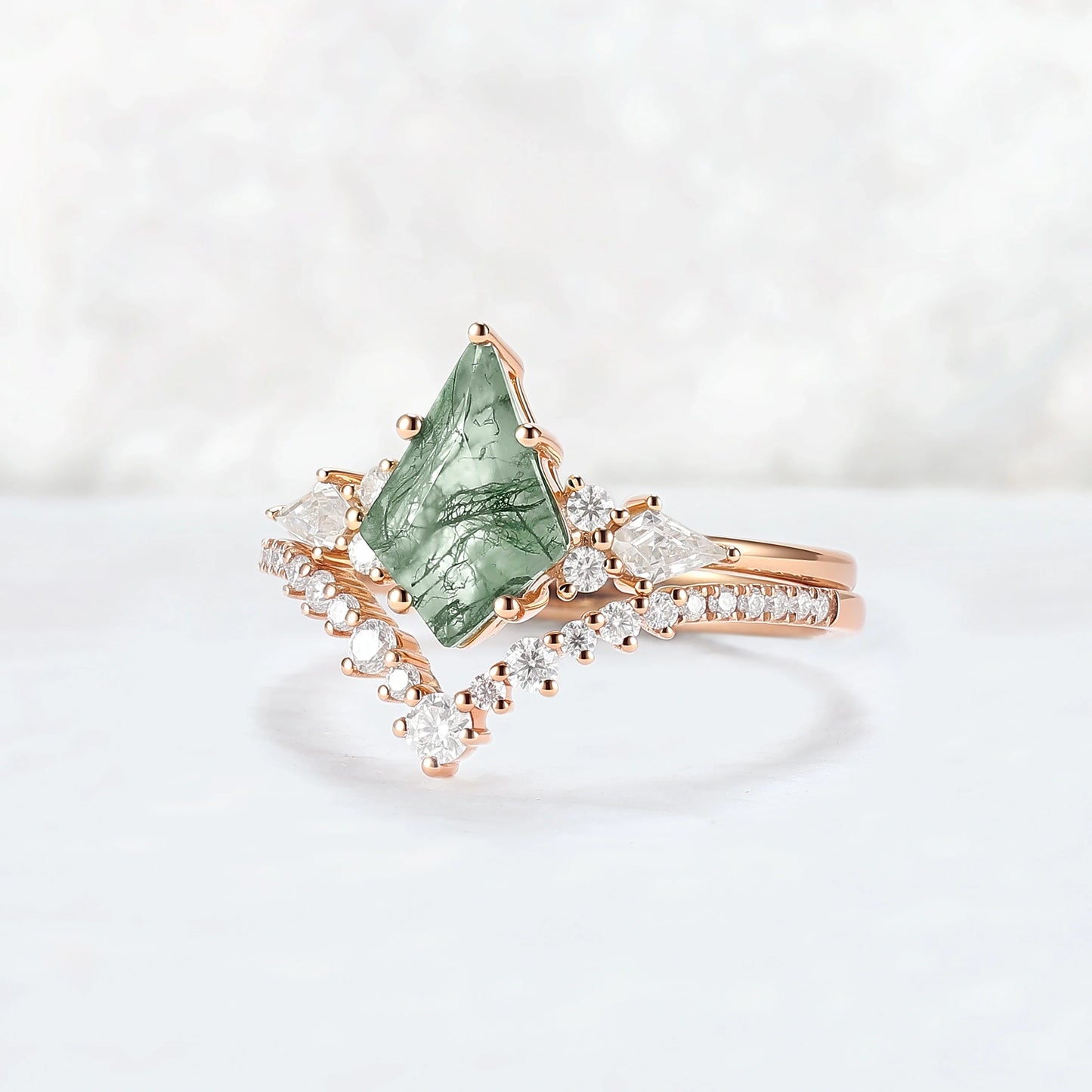 Cluster Kite Cut Moss Agate Egagement Ring Set 2pcs