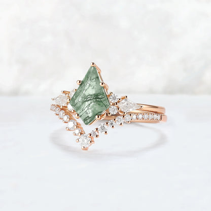 Cluster Kite Cut Moss Agate Egagement Ring Set 2pcs