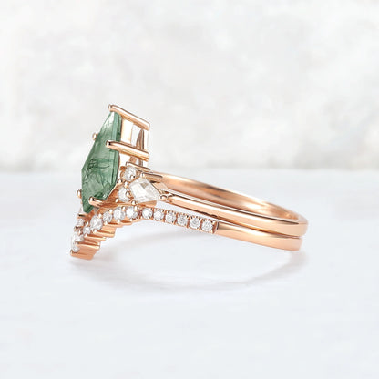 Cluster Kite Cut Moss Agate Egagement Ring Set 2pcs