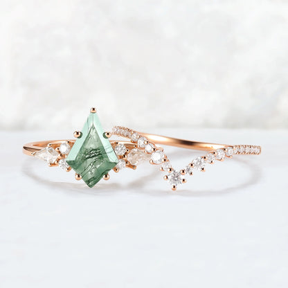 Cluster Kite Cut Moss Agate Egagement Ring Set 2pcs