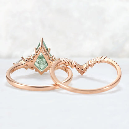 Cluster Kite Cut Moss Agate Egagement Ring Set 2pcs