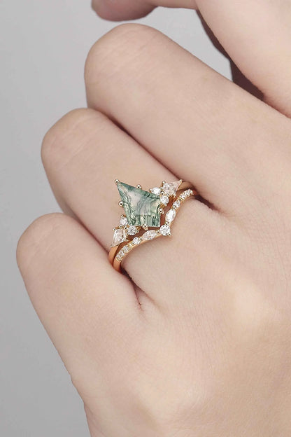 Cluster Kite Cut Moss Agate Gemstone Ring Set 2pcs