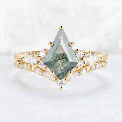 Cluster Kite Cut Moss Agate Gemstone Ring Set 2pcs