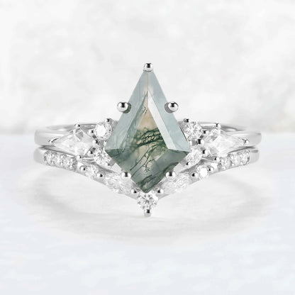 Cluster Kite Cut Moss Agate Gemstone Ring Set 2pcs