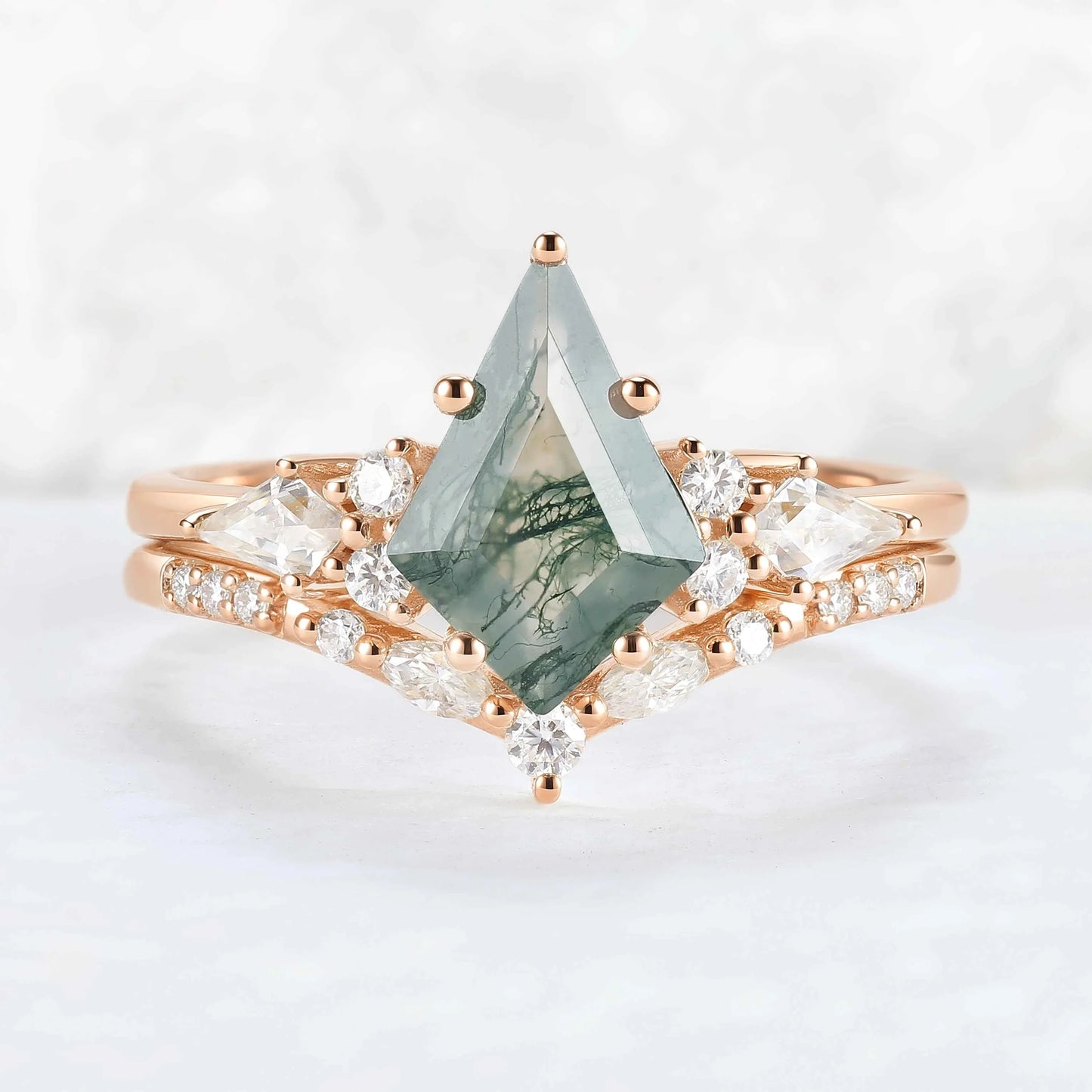 Cluster Kite Cut Moss Agate Gemstone Ring Set 2pcs