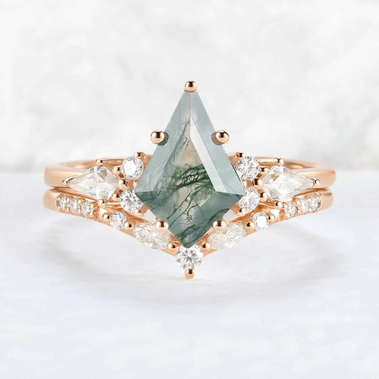 Cluster Kite Cut Moss Agate Gemstone Ring Set 2pcs