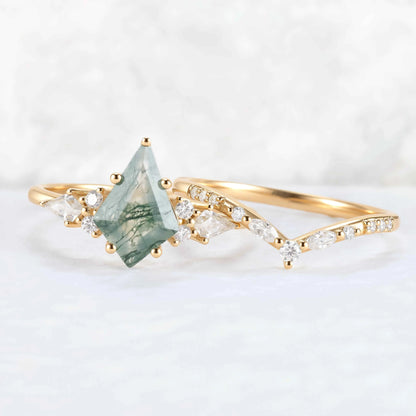 Cluster Kite Cut Moss Agate Gemstone Ring Set 2pcs