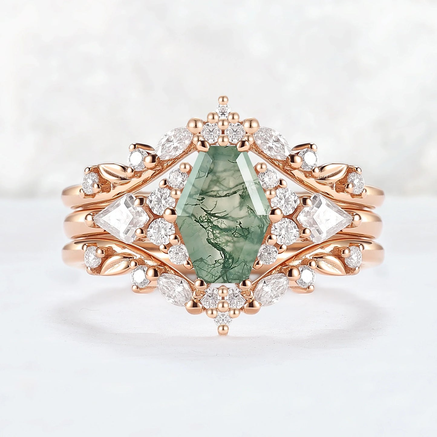 Unique Kite Cut Moss Agate Leafy Engagement Ring Enhancer