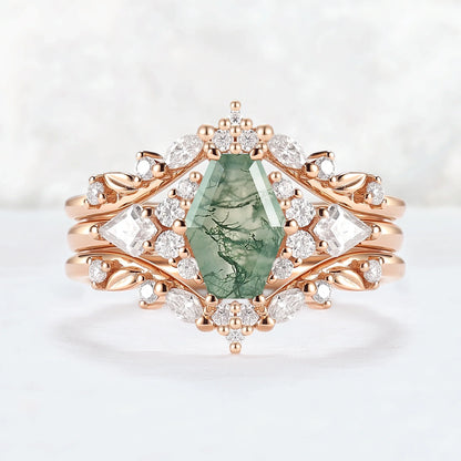 Unique Kite Cut Moss Agate Leafy Engagement Ring Enhancer