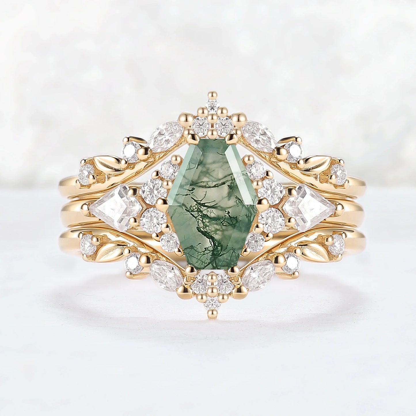 Unique Kite Cut Moss Agate Leafy Engagement Ring Enhancer