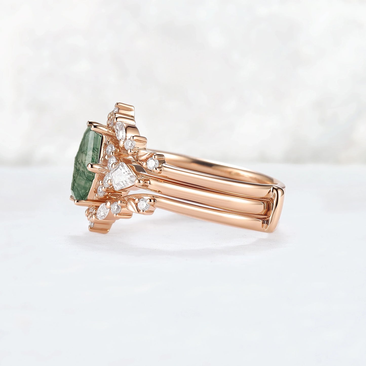 Unique Kite Cut Moss Agate Leafy Engagement Ring Enhancer
