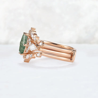 Unique Kite Cut Moss Agate Leafy Engagement Ring Enhancer
