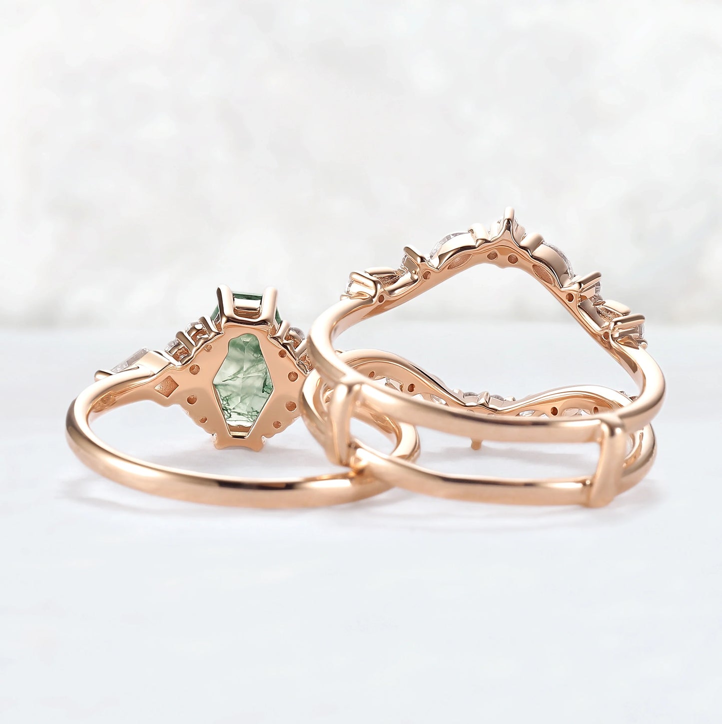 Unique Kite Cut Moss Agate Leafy Engagement Ring Enhancer