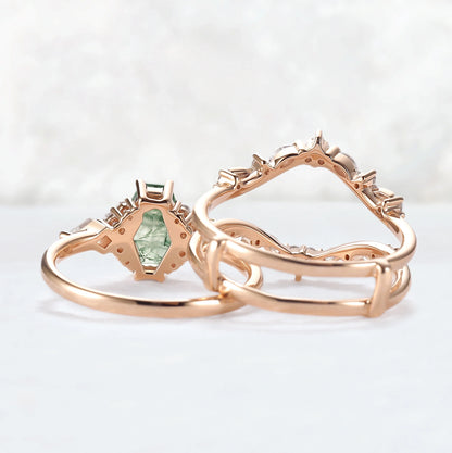Unique Kite Cut Moss Agate Leafy Engagement Ring Enhancer