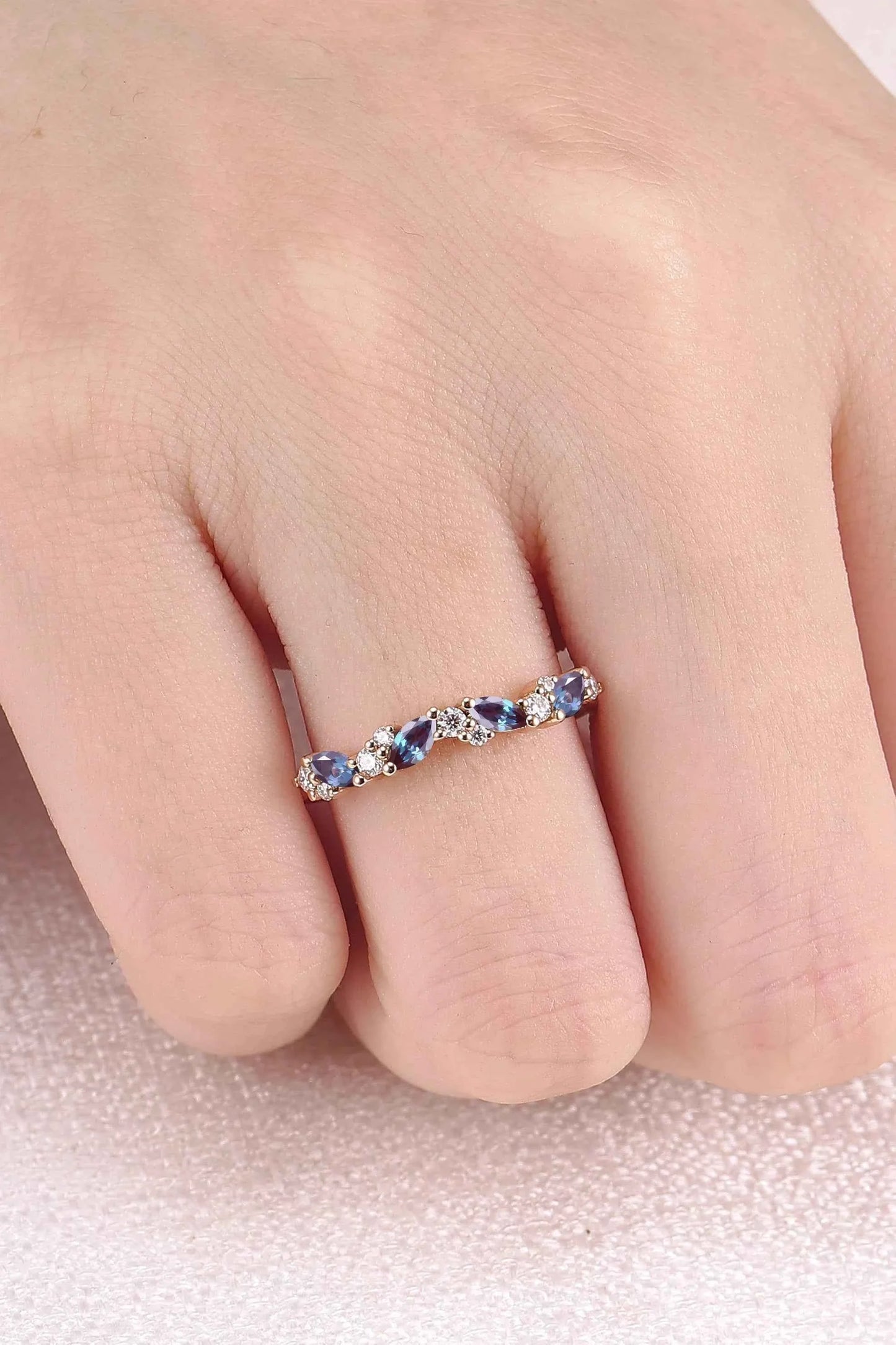 Cluster Marquise Cut Alexandrite and Round Moissanite Stacking Ring