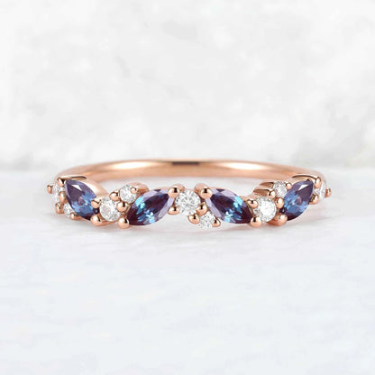 Cluster Marquise Cut Alexandrite and Round Moissanite Stacking Ring