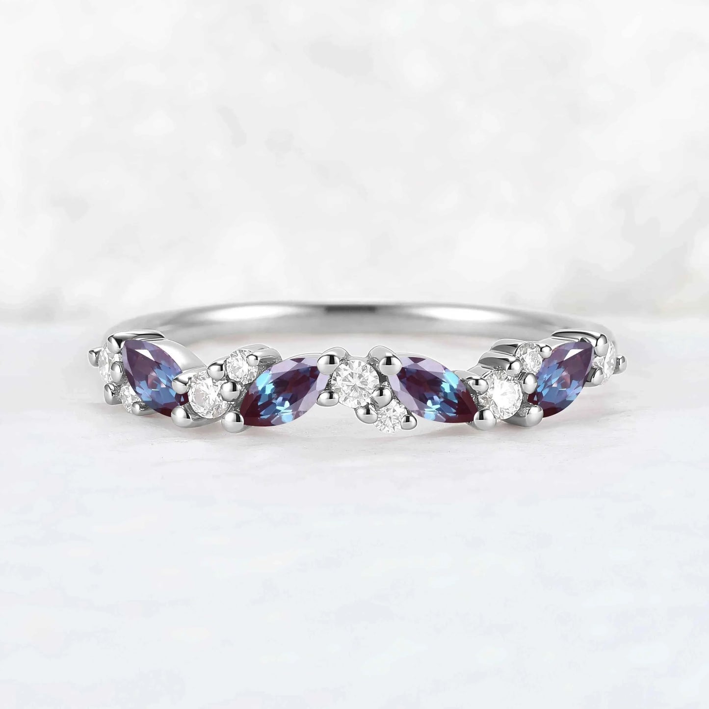 Cluster Marquise Cut Alexandrite and Round Moissanite Stacking Ring