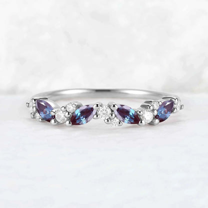Cluster Marquise Cut Alexandrite and Round Moissanite Stacking Ring