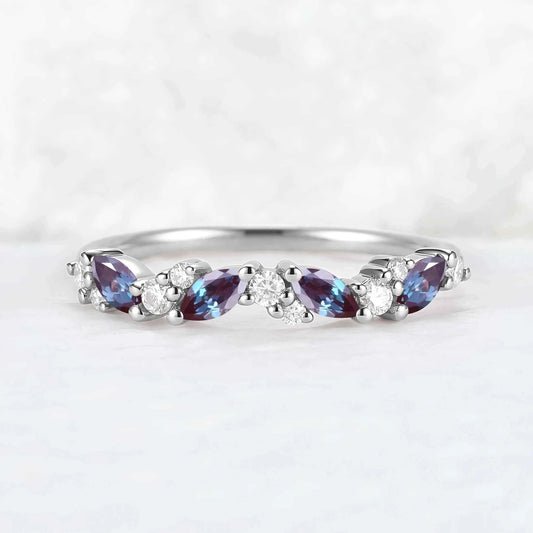 Cluster Marquise Cut Alexandrite and Round Moissanite Stacking Ring