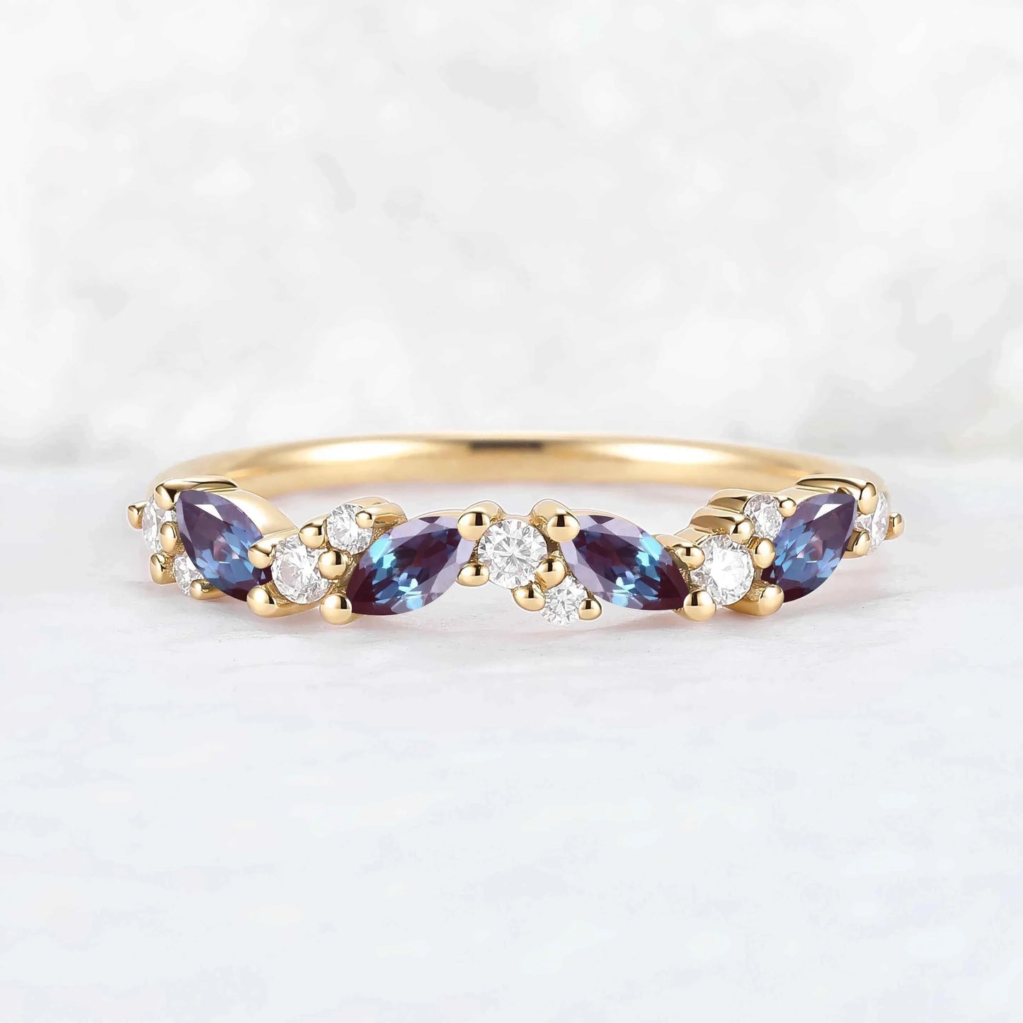Cluster Marquise Cut Alexandrite and Round Moissanite Stacking Ring