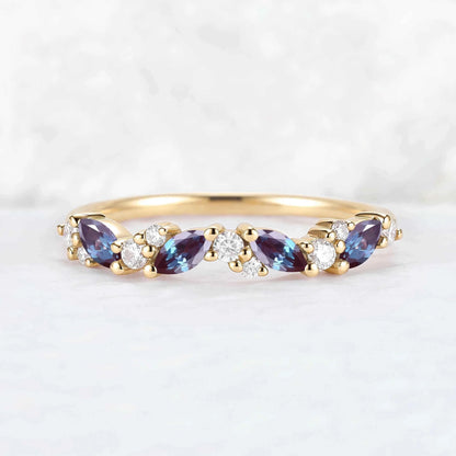 Cluster Marquise Cut Alexandrite and Round Moissanite Stacking Ring